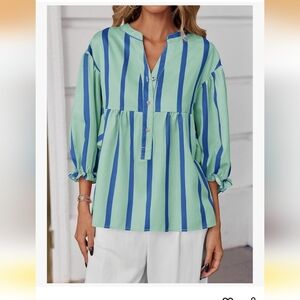 Striped Mint & Blue Button-Front Peasant Top XL